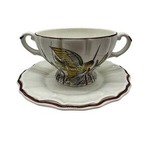 Este Ceramiche VTG Italy Wildlife Hand Painted Birds/Beasts Cream Soup & Saucer